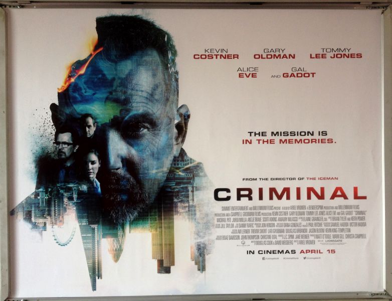 Cinema Poster: CRIMINAL 2016 (Quad) Kevin Costner Ryan Reynolds Gal Gadot Cinema Poster: CRIMINAL 2016 (Quad) Kevin Costner Ryan Reynolds Gal Gadot