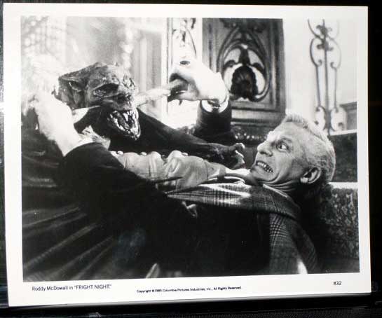 FRIGHT NIGHT: B/W Still (McDowall and Vampire Bat)