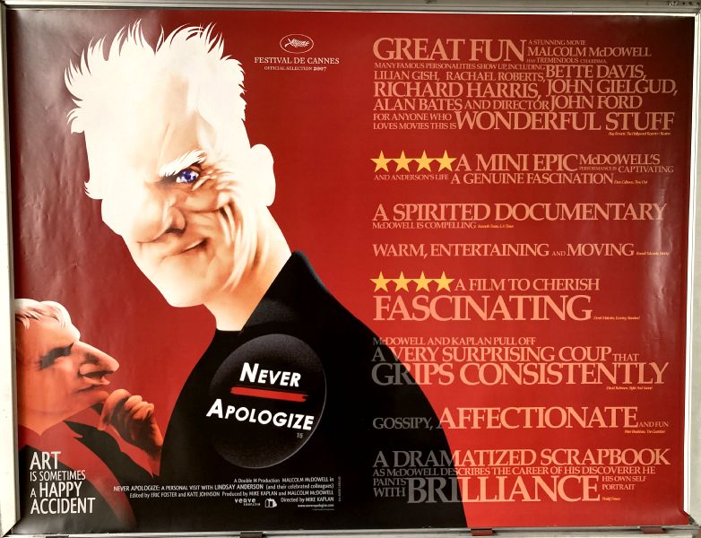 Cinema Poster: NEVER APOLOGIZE 2007 (Quad) Malcolm McDowell Lindsay Anderson Alan Bates